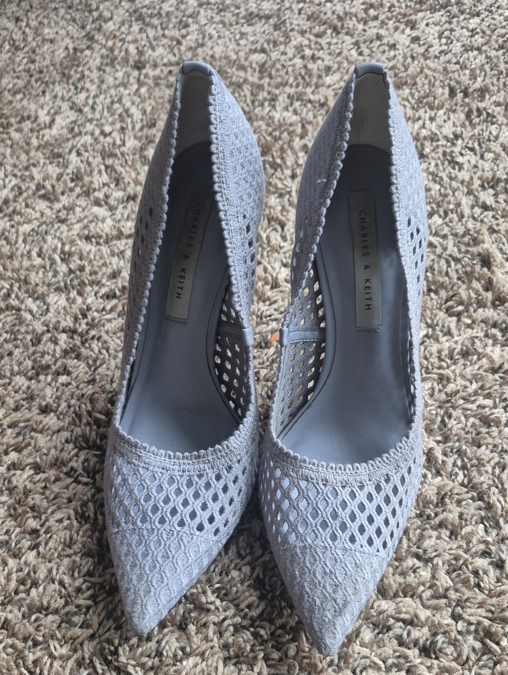 Charles & Keith Light Gray Crochet Pointed Pumps